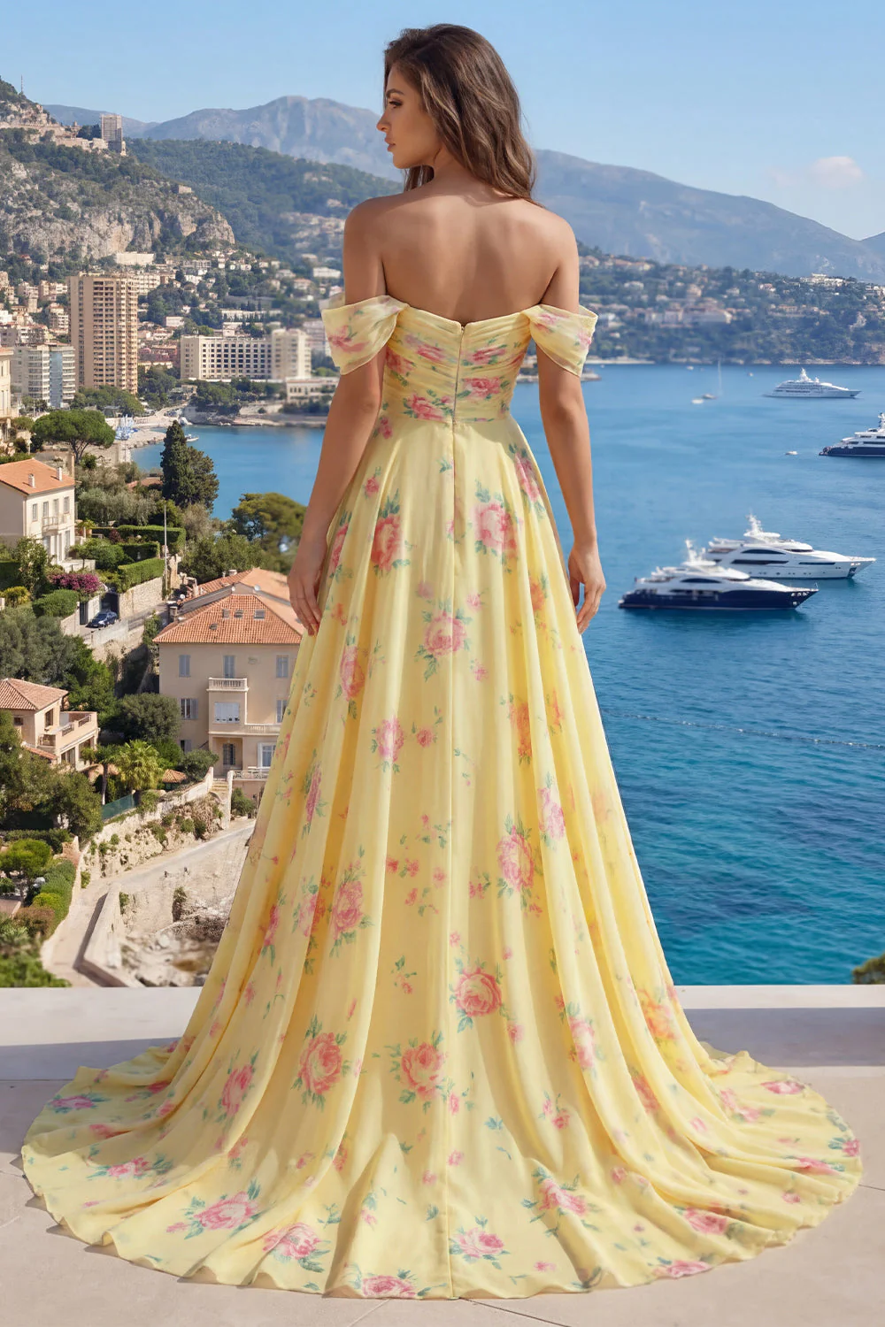 Robe longue de bal de promo jaune jaune scintillante, à volants décollés et ornée de perles - Image 4