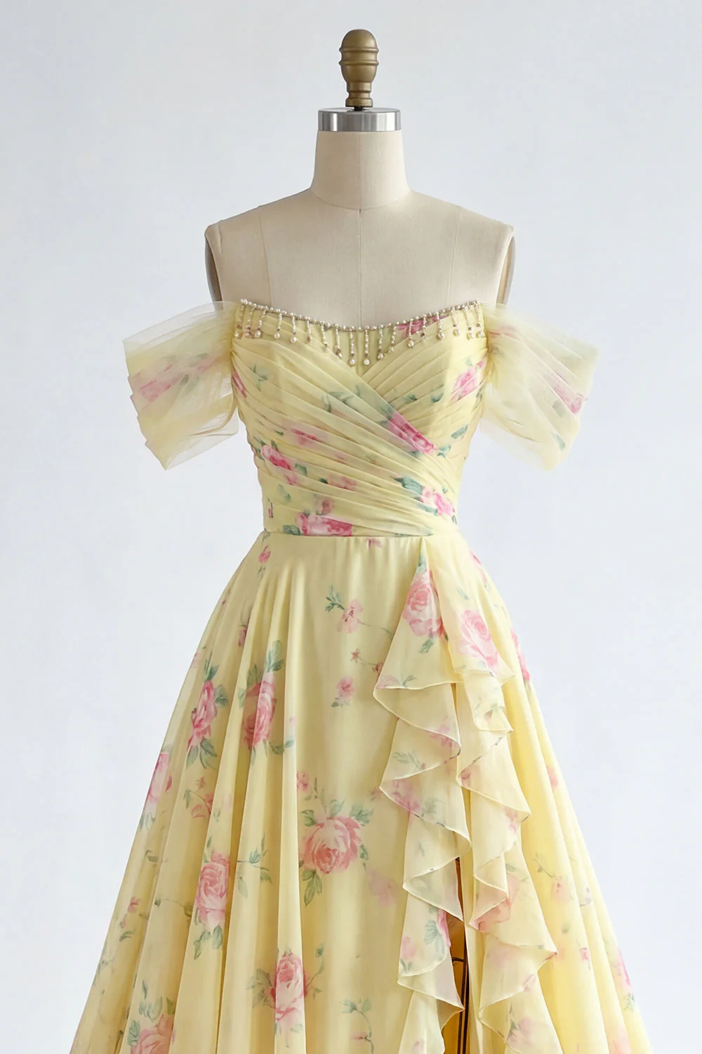 Robe longue de bal de promo jaune jaune scintillante, à volants décollés et ornée de perles - Image 7