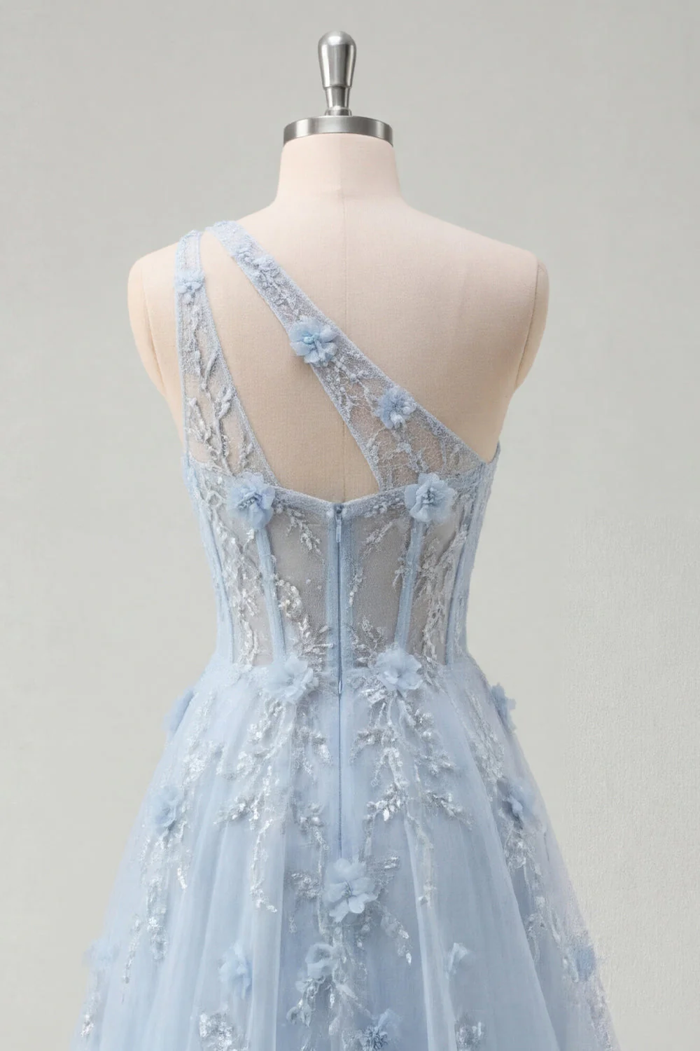 Robe longue de bal de promo longue corset bleu à une épaule à une épaule en ligne A avec perles - Image 6