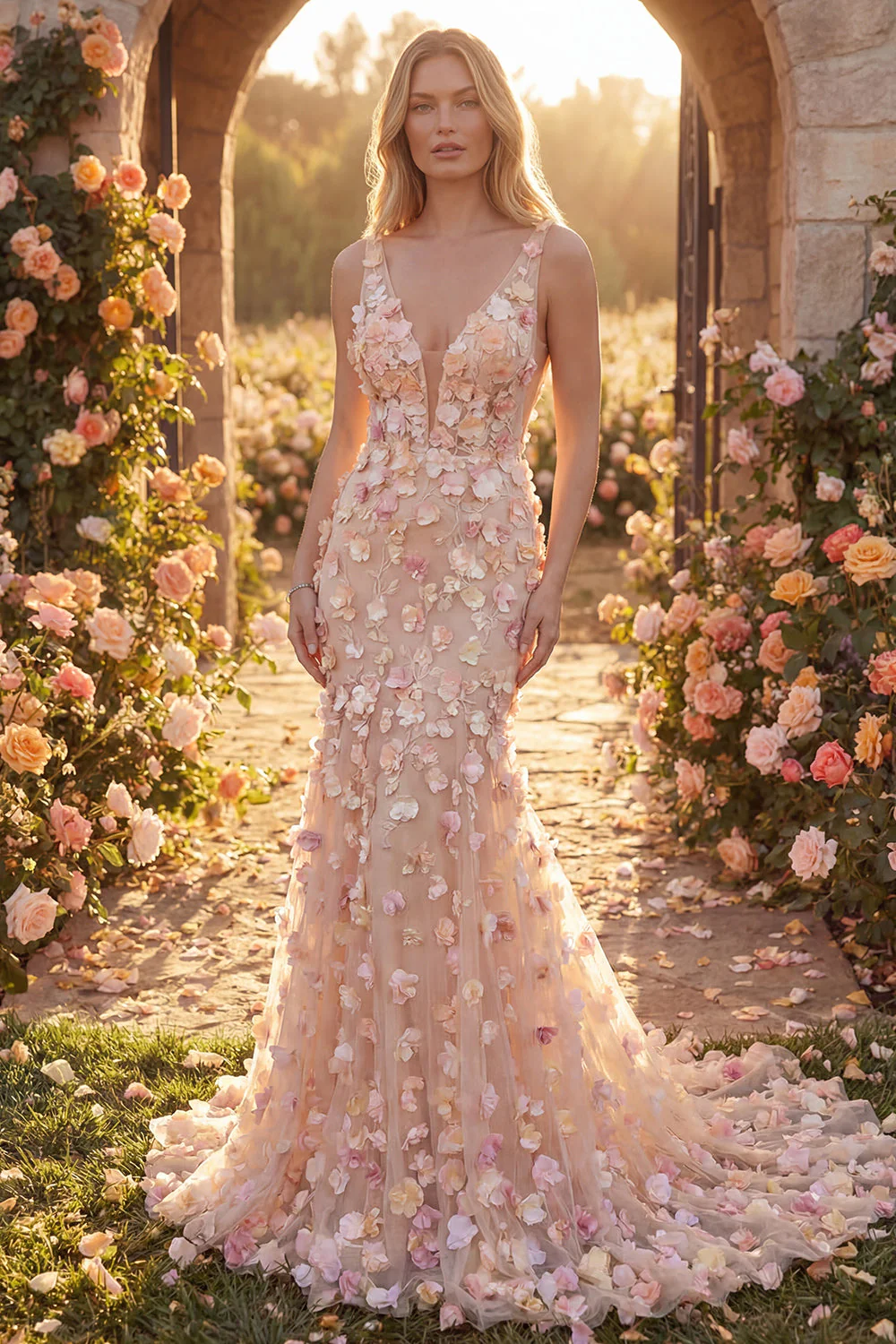 Robe longue de bal de promo longue en tulle en tulle champagne à col en V à fleurs appliquées