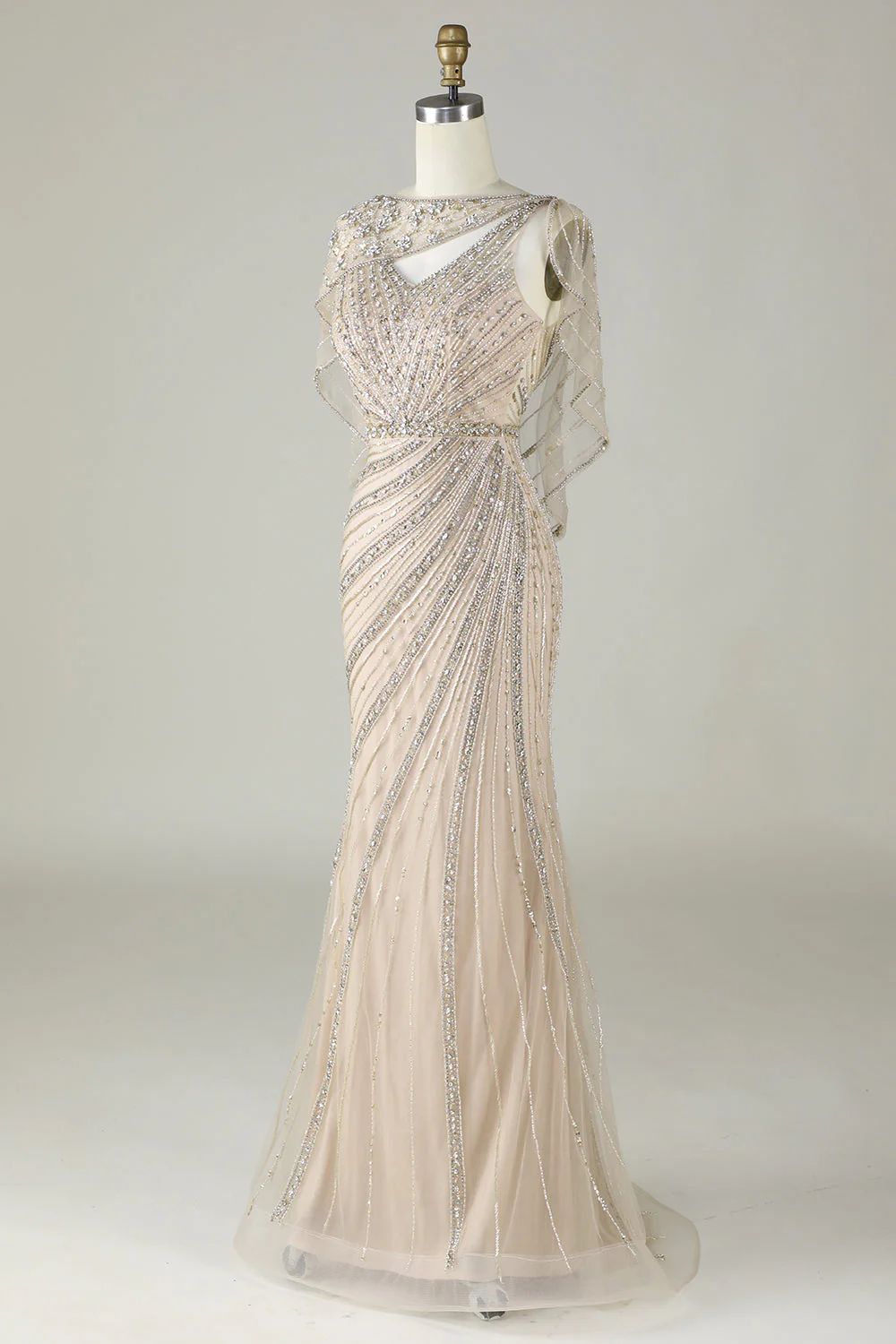 Robe de soirée sirène perlée champagne scintillante avec écharpe - Image 3