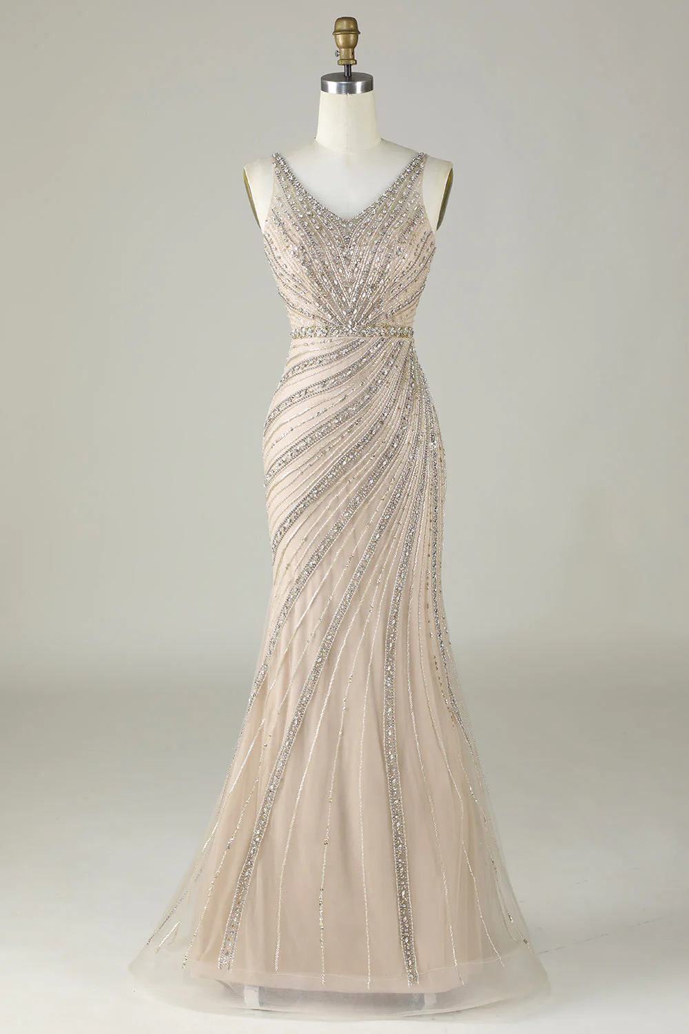 Robe de soirée sirène perlée champagne scintillante avec écharpe - Image 4