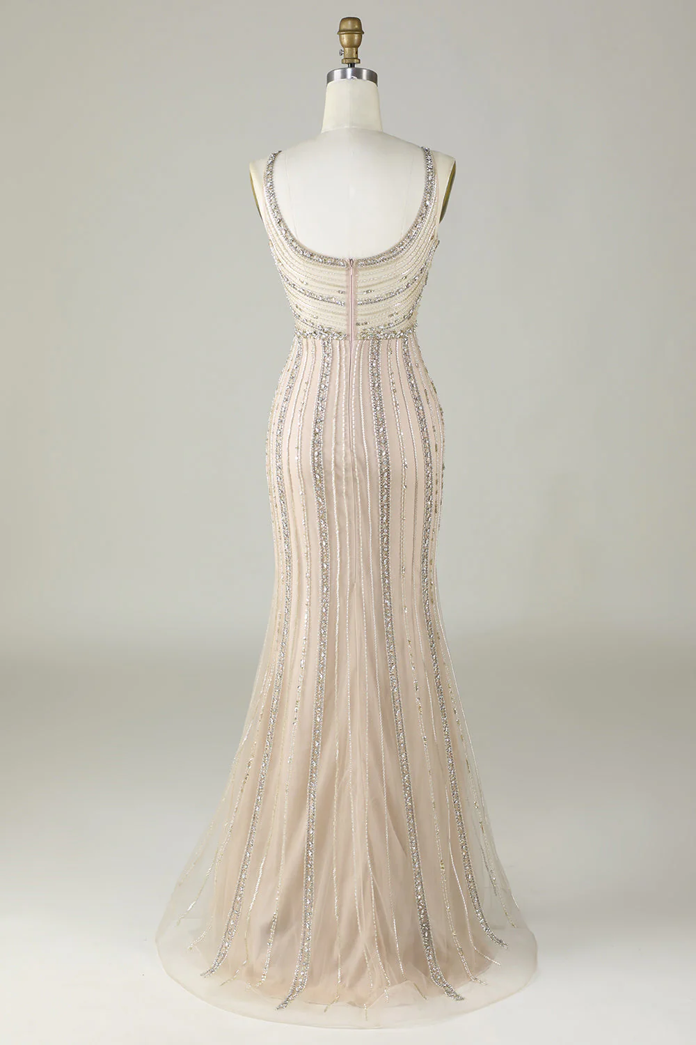 Robe de soirée sirène perlée champagne scintillante avec écharpe - Image 5