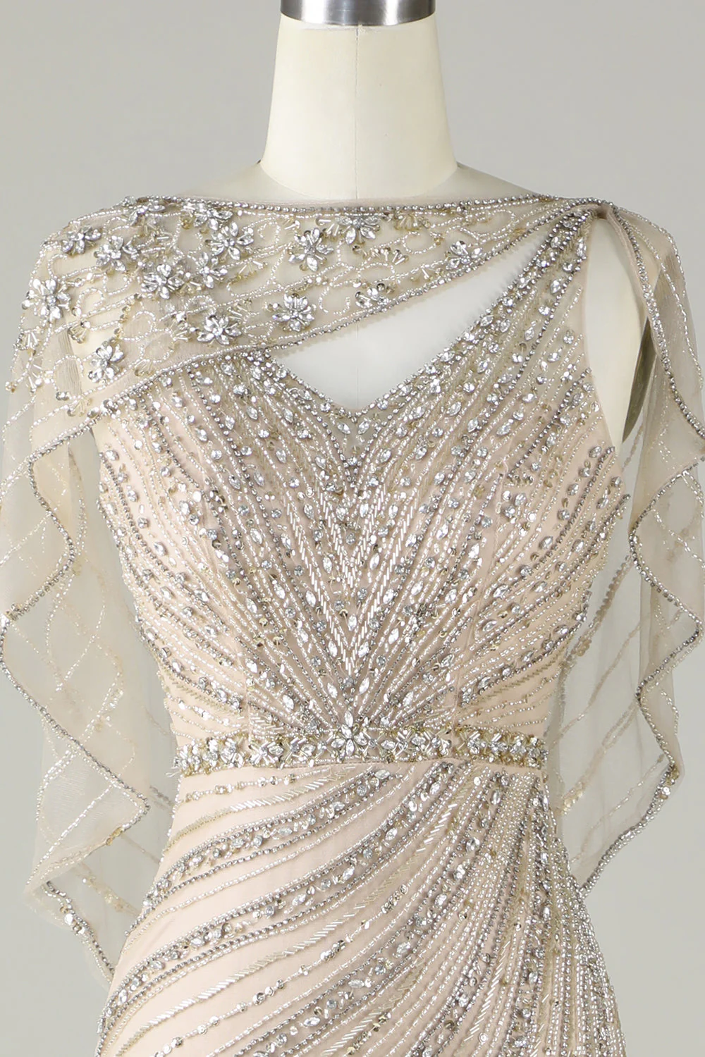 Robe de soirée sirène perlée champagne scintillante avec écharpe - Image 6