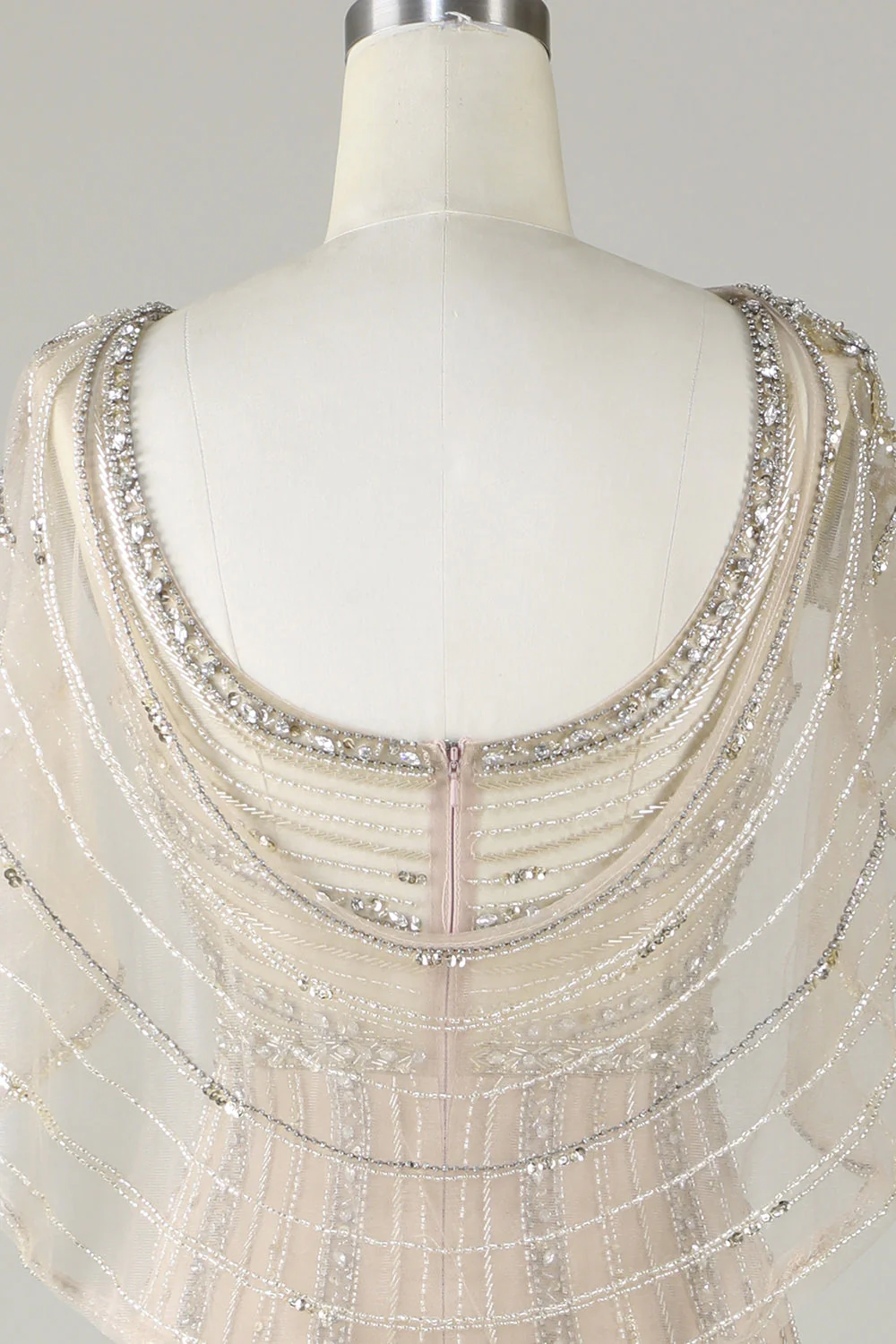 Robe de soirée sirène perlée champagne scintillante avec écharpe - Image 7