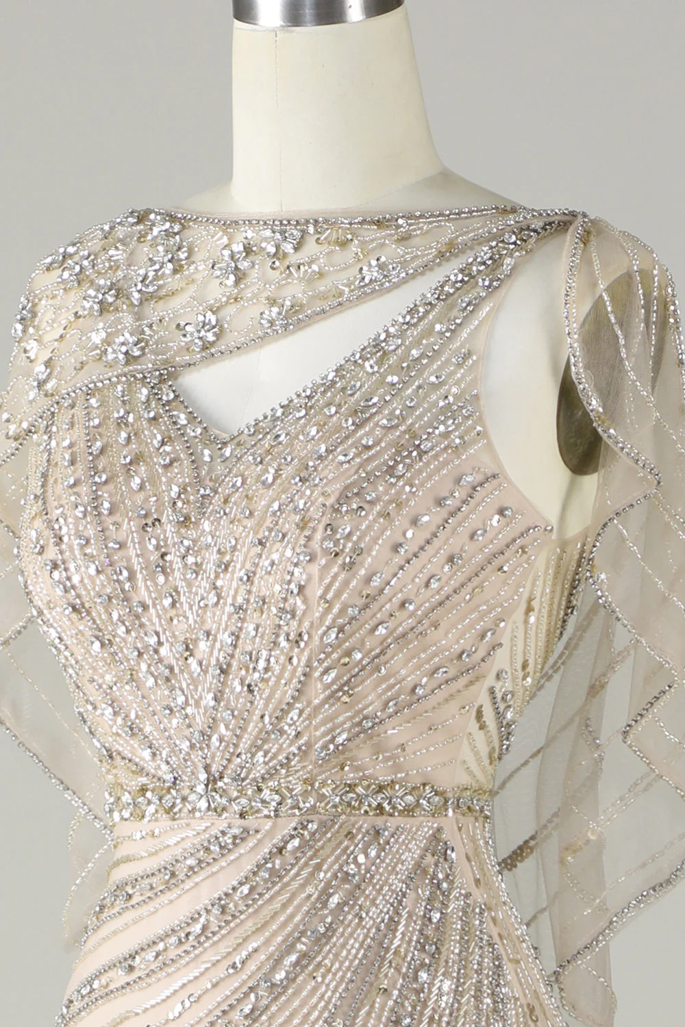 Robe de soirée sirène perlée champagne scintillante avec écharpe - Image 8