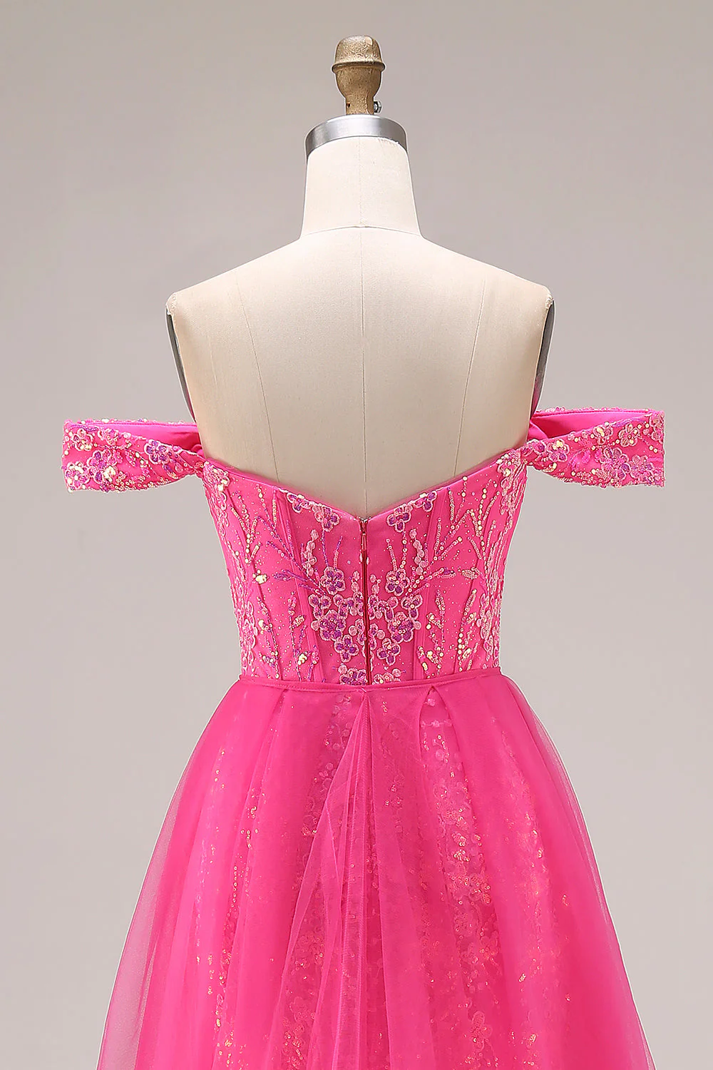 Robe longue de bal décapotable scintillante sirène fuchsia dénudée à épaule avec paillettes - Image 11