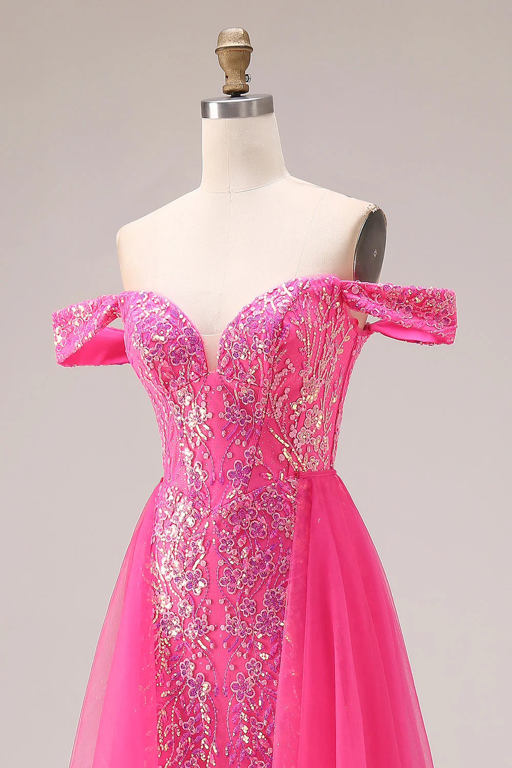 Robe longue de bal décapotable scintillante sirène fuchsia dénudée à épaule avec paillettes - Image 12