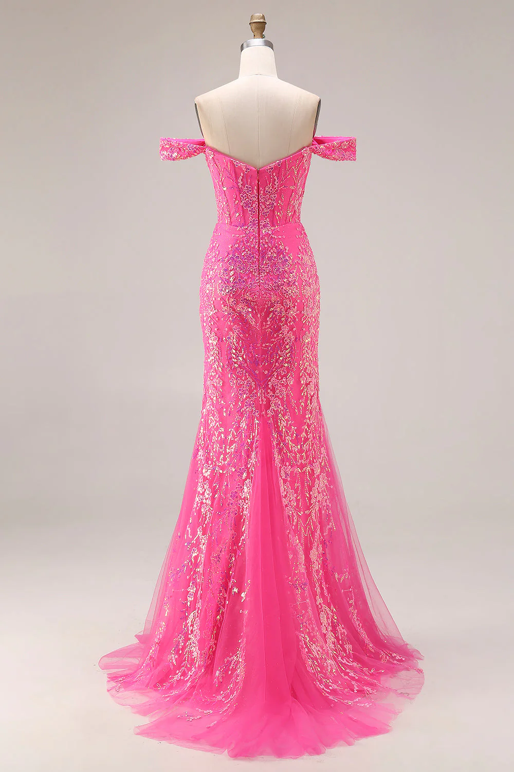 Robe longue de bal décapotable scintillante sirène fuchsia dénudée à épaule avec paillettes - Image 2