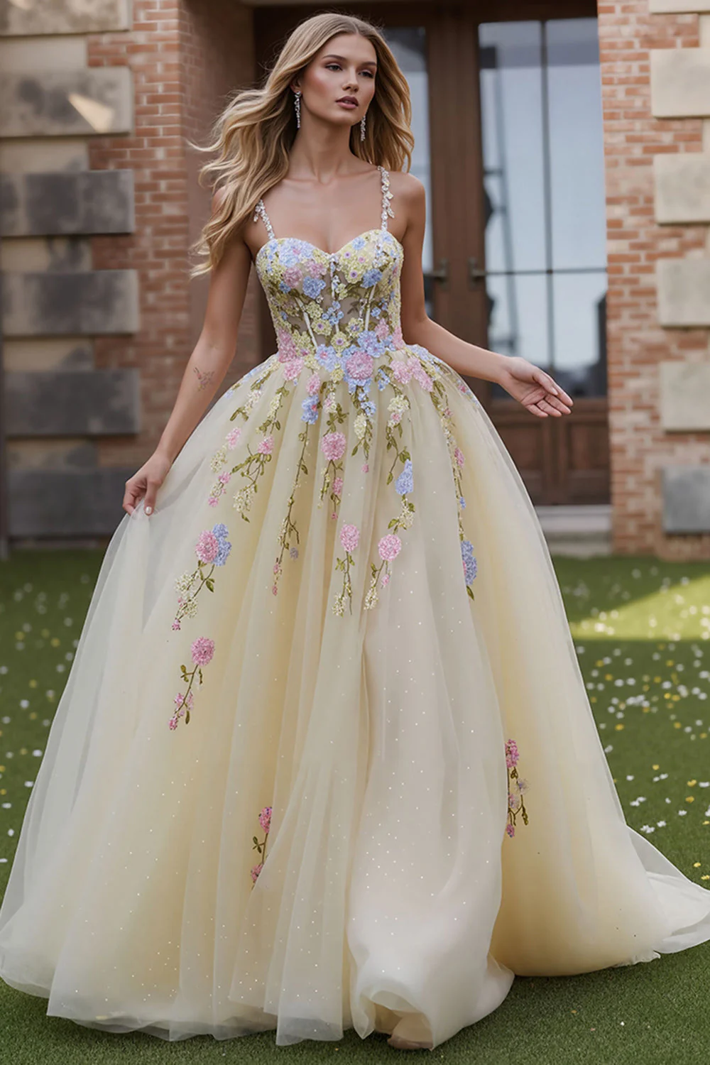 Robe longue de bal en A-line jaune clair à bretelles fines brodées en tulle - Image 3