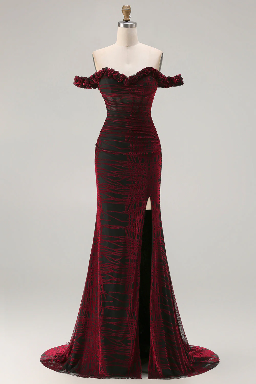 Robe longue de bal en corset rouge noir corset dénudé avec fente - Image 5