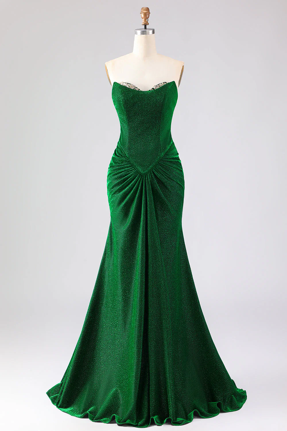 Robe de soirée longue en satin vert foncé coupe sirène sans bretelles avec dentelle au dos