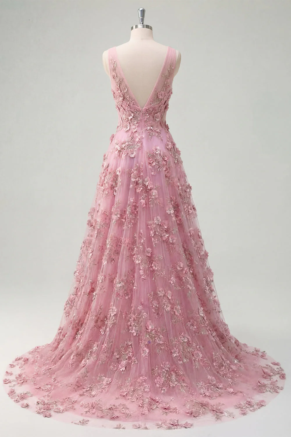 Robe longue de bal en taro à col en V ornée de perles avec des fleurs 3D appliquées - Image 2