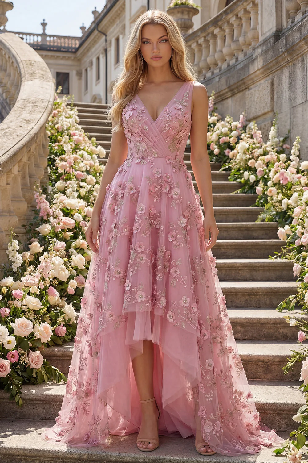 Robe longue de bal en taro à col en V ornée de perles avec des fleurs 3D appliquées - Image 3
