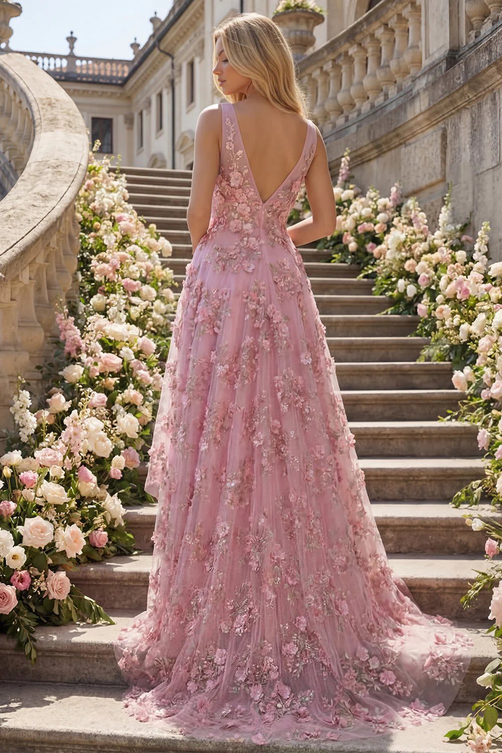Robe longue de bal en taro à col en V ornée de perles avec des fleurs 3D appliquées - Image 4