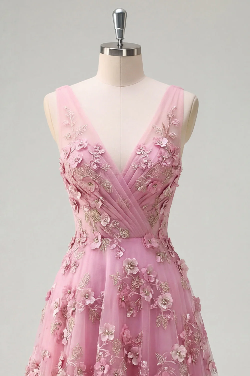 Robe longue de bal en taro à col en V ornée de perles avec des fleurs 3D appliquées - Image 5