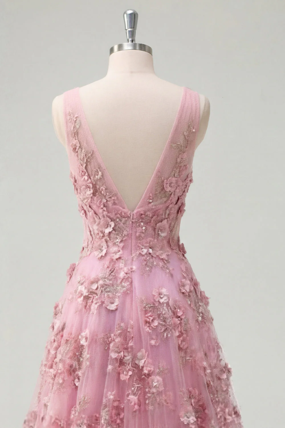 Robe longue de bal en taro à col en V ornée de perles avec des fleurs 3D appliquées - Image 6