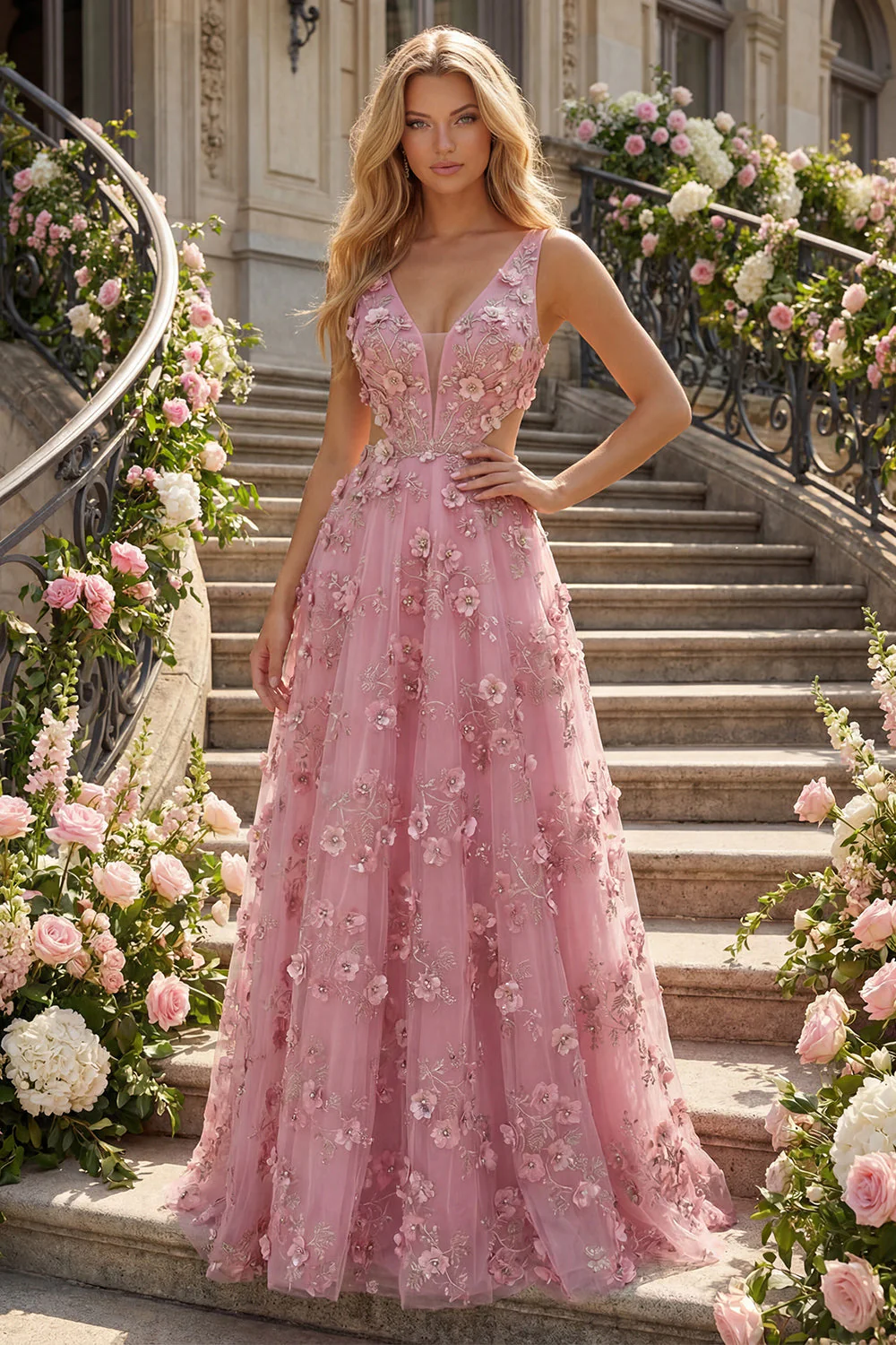 Robe longue de bal en taro en vr, décolleté en V ornée de perles, avec des fleurs 3D - Image 3