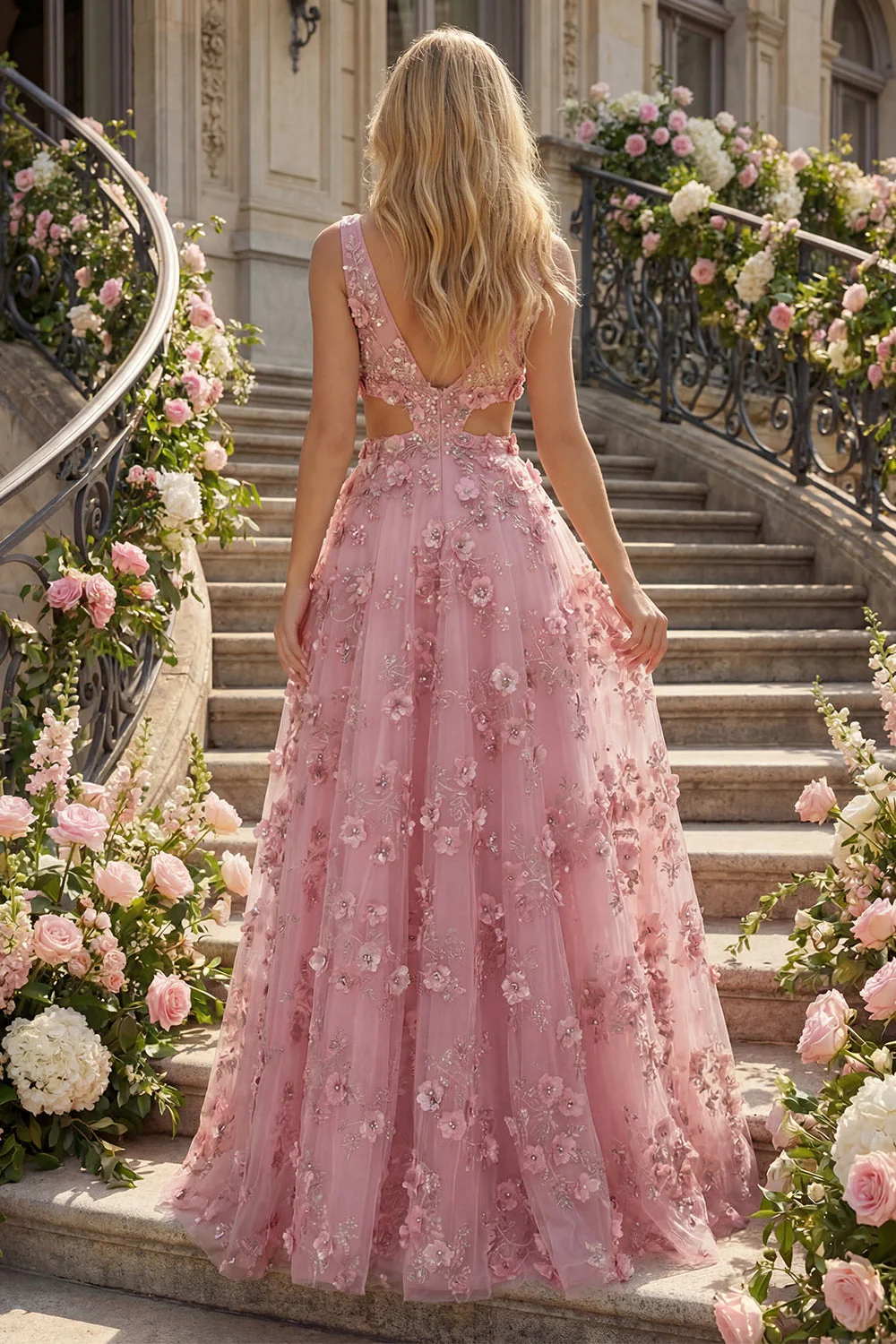 Robe longue de bal en taro en vr, décolleté en V ornée de perles, avec des fleurs 3D - Image 4