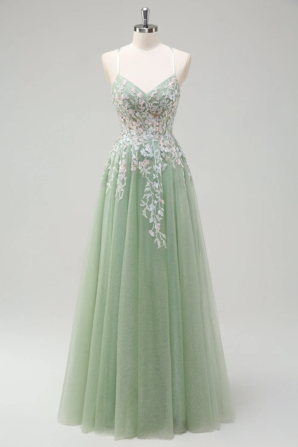 Robe De Soirée en tulle a-ligne à bretelles spaghetti sauge avec appliques - Image 3