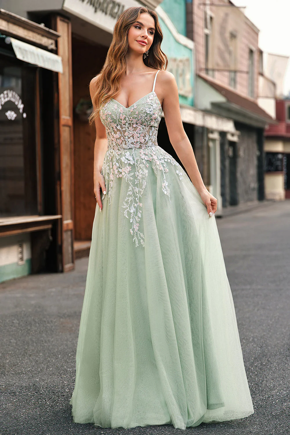 Robe De Soirée en tulle a-ligne à bretelles spaghetti sauge avec appliques - Image 6