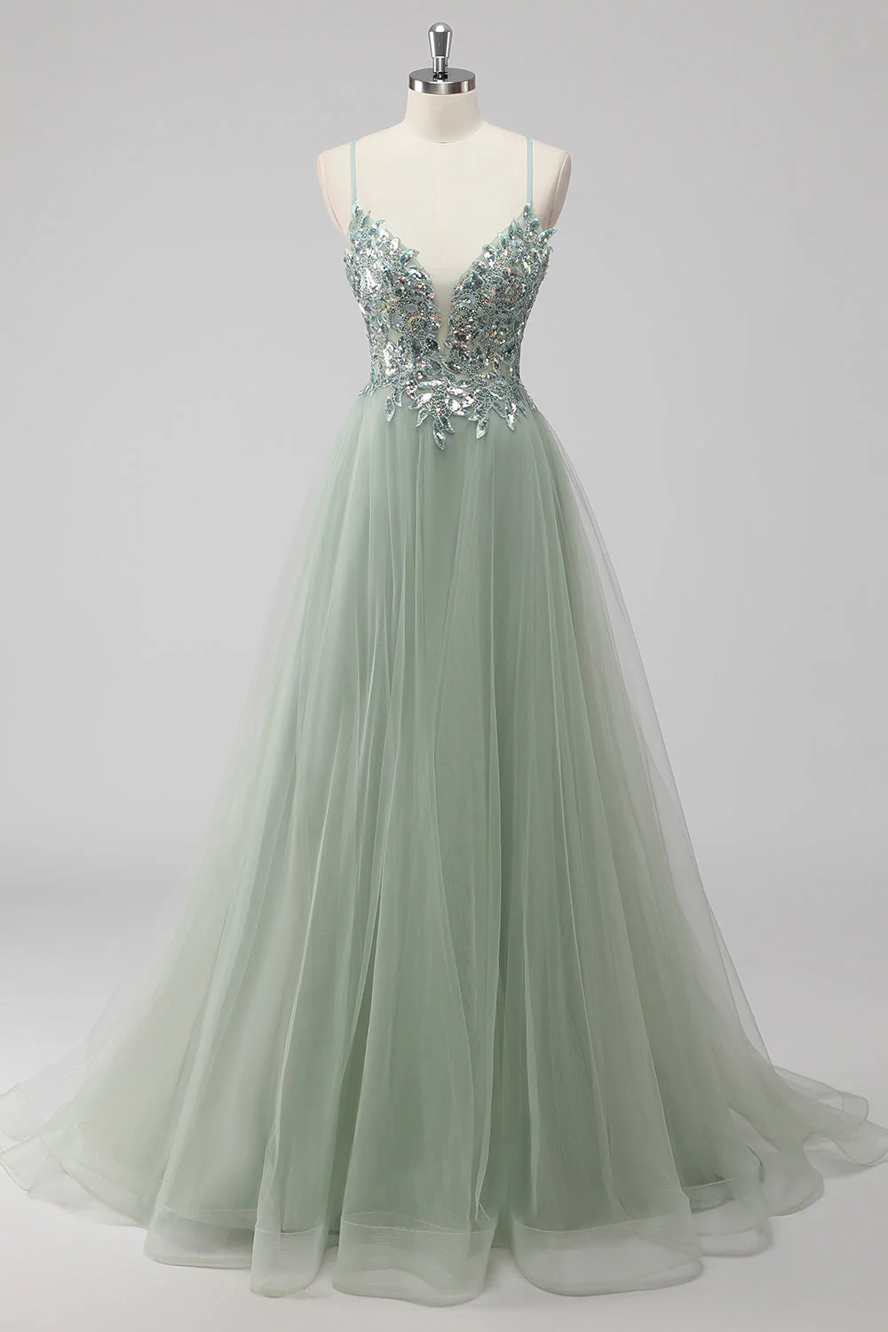 Robe de soirée en tulle à paillettes vertes avec lacets dans le dos