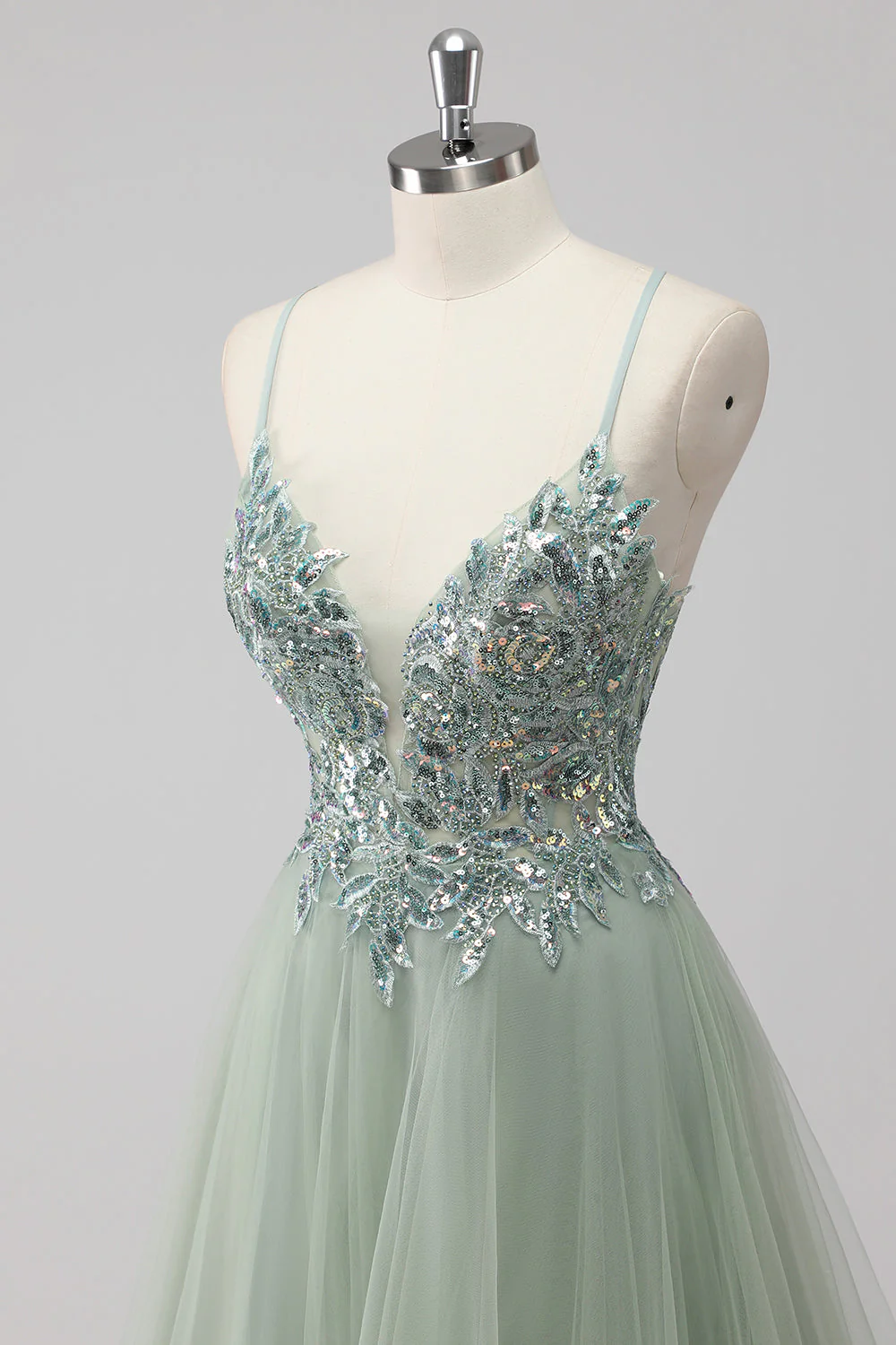 Robe de soirée en tulle à paillettes vertes avec lacets dans le dos - Image 6