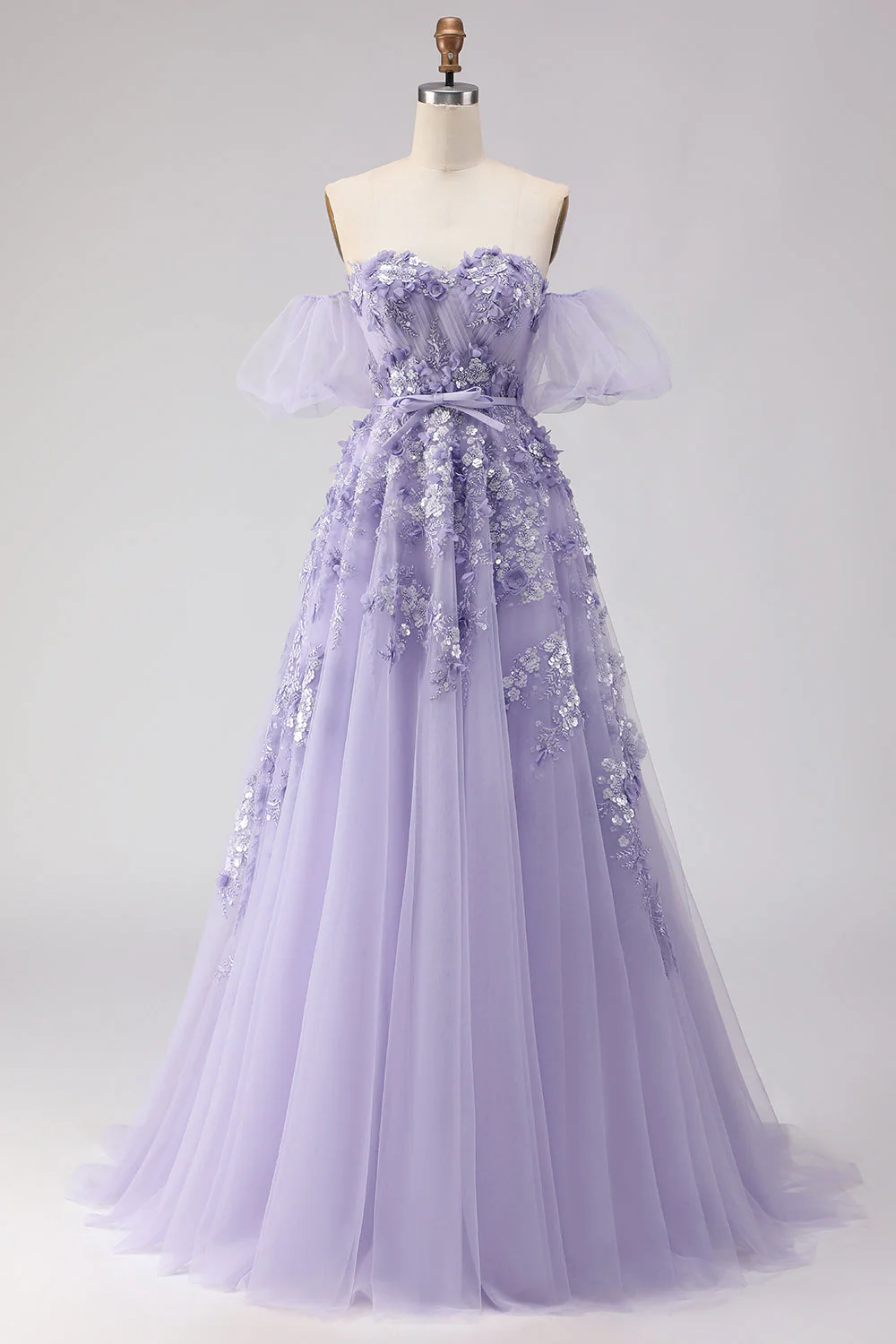 Robe longue de bal en tulle à perles perlées violette avec manches amovibles