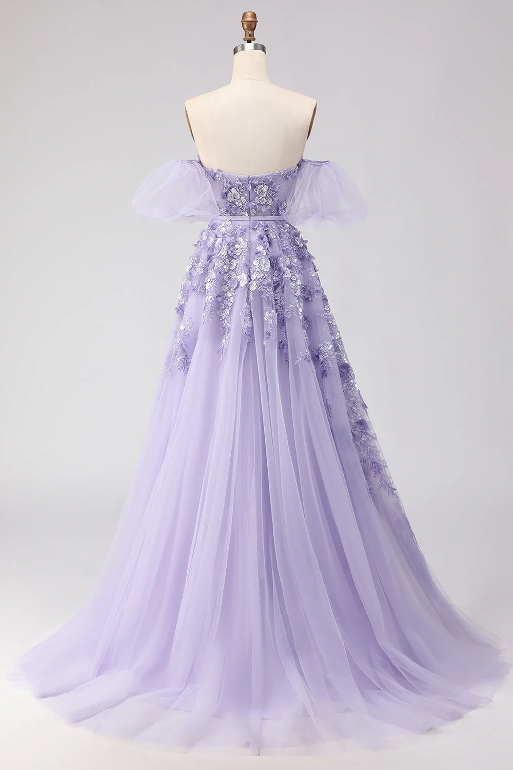 Robe longue de bal en tulle à perles perlées violette avec manches amovibles - Image 2