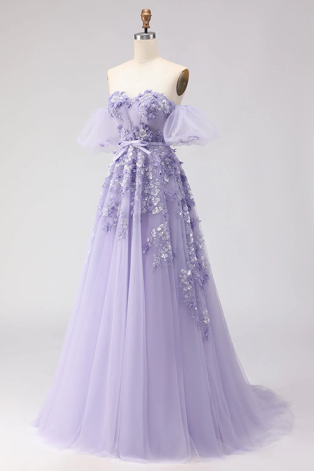 Robe longue de bal en tulle à perles perlées violette avec manches amovibles - Image 3