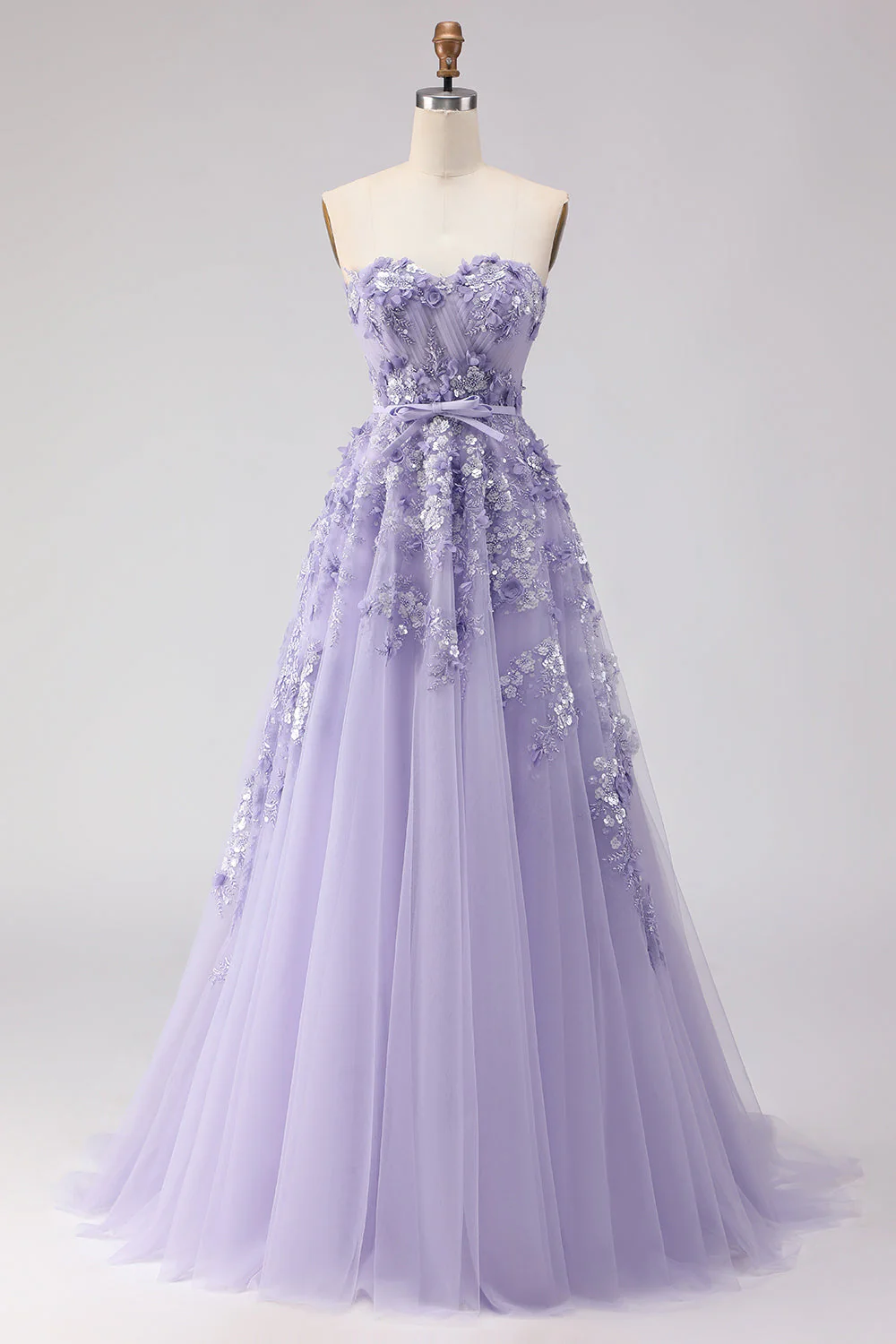 Robe longue de bal en tulle à perles perlées violette avec manches amovibles - Image 4