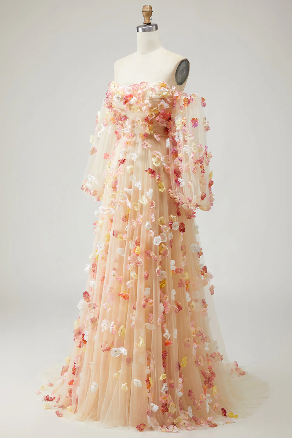 Robe longue de bal en tulle en tulle sans bretelles champanée Champagne sans bretelles A Line - Image 3