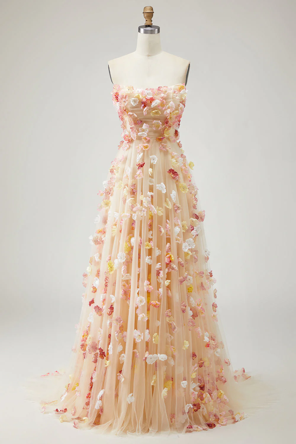 Robe longue de bal en tulle en tulle sans bretelles champanée Champagne sans bretelles A Line - Image 4