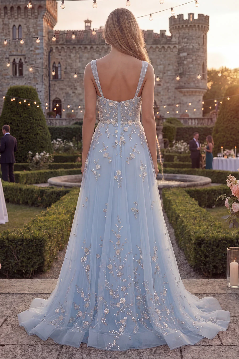 Robe longue de bal en tulle perlé à bretelles bleues en A scintillante - Image 2