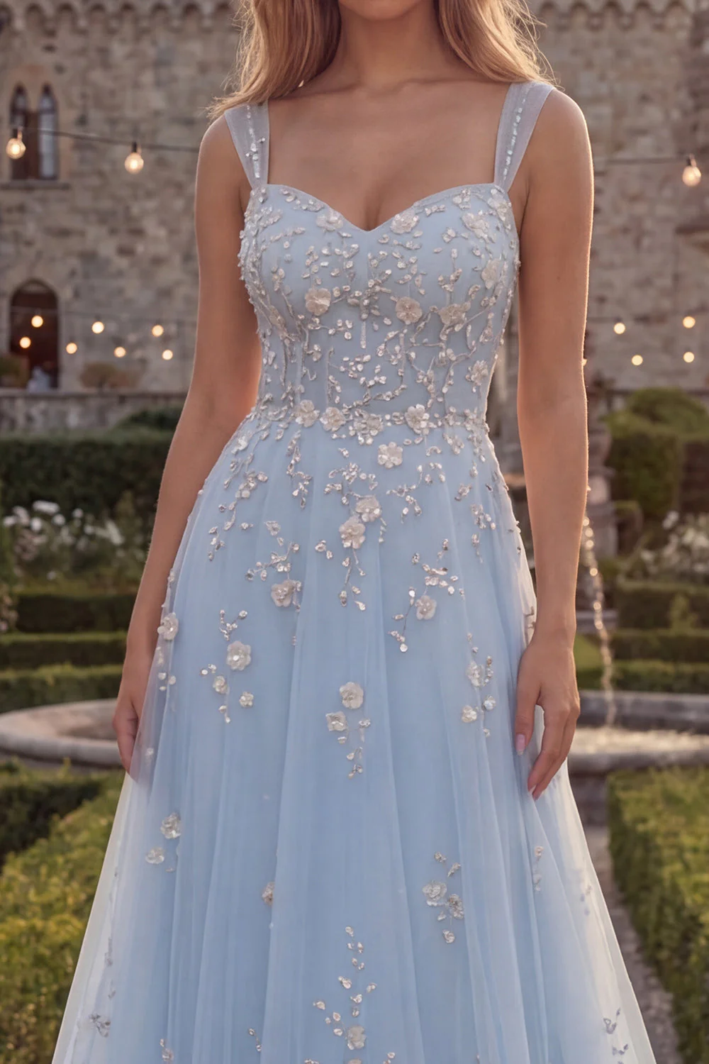 Robe longue de bal en tulle perlé à bretelles bleues en A scintillante - Image 3