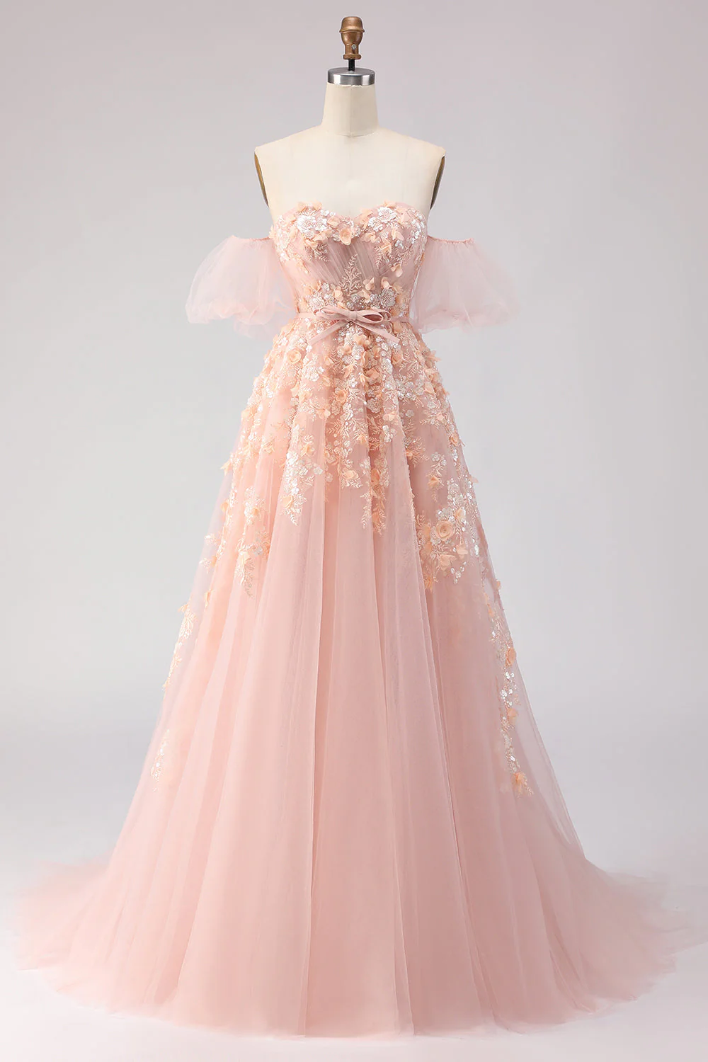 Robe longue de bal en tulle perlé à gros hauts à joues à épaules dénudées, manches amovibles