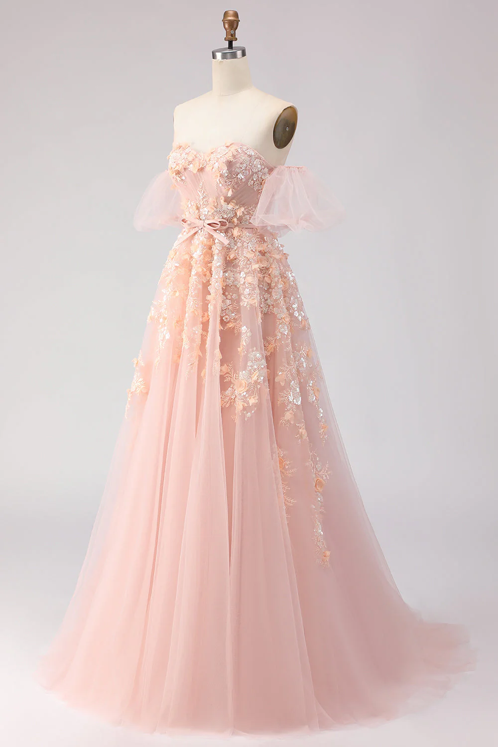 Robe longue de bal en tulle perlé à gros hauts à joues à épaules dénudées, manches amovibles - Image 3