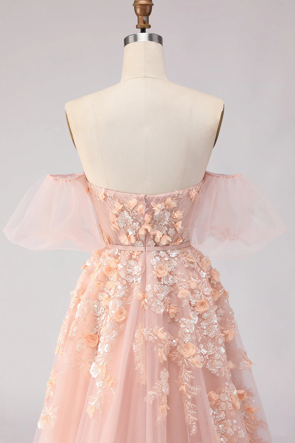 Robe longue de bal en tulle perlé à gros hauts à joues à épaules dénudées, manches amovibles - Image 8