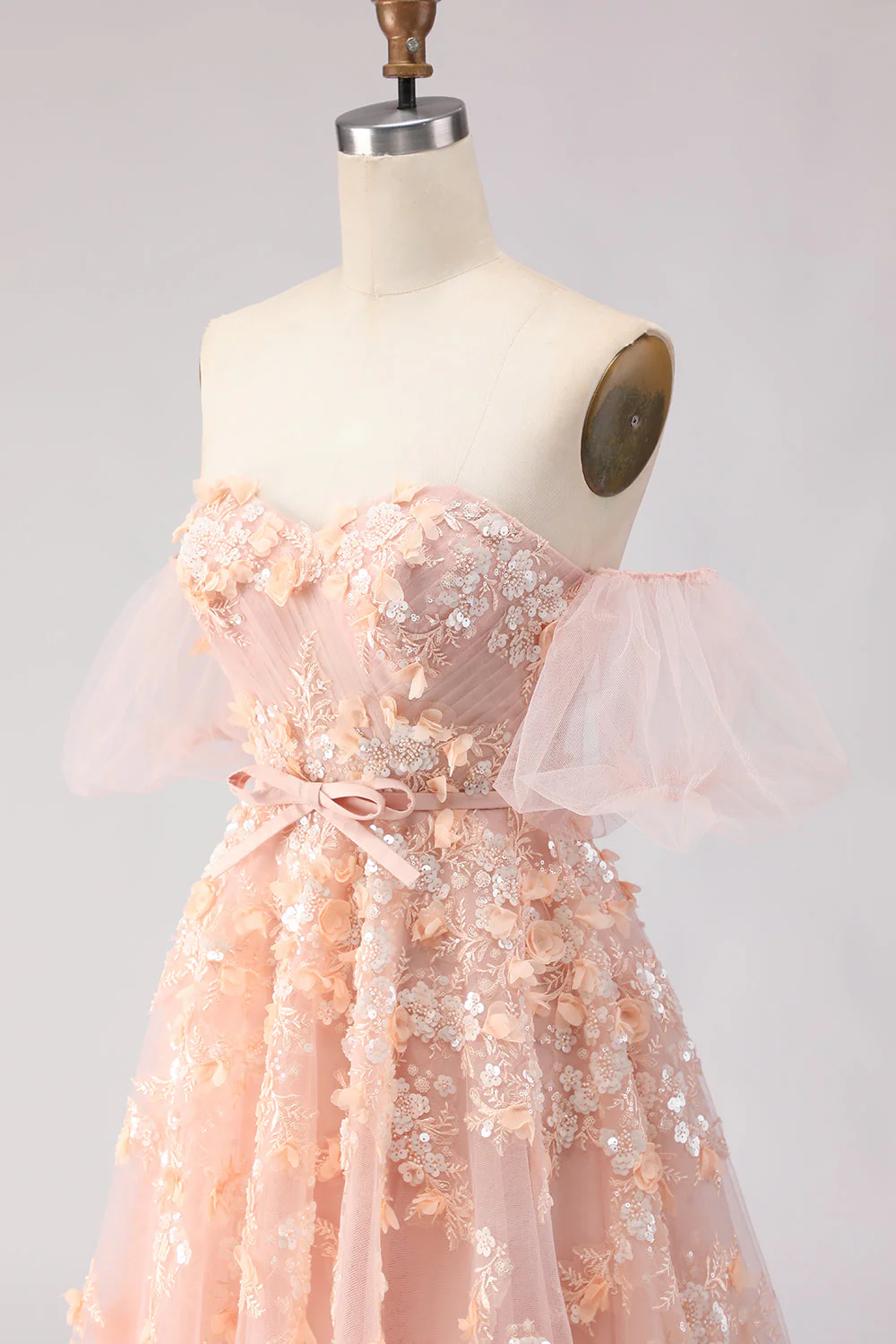 Robe longue de bal en tulle perlé à gros hauts à joues à épaules dénudées, manches amovibles - Image 9