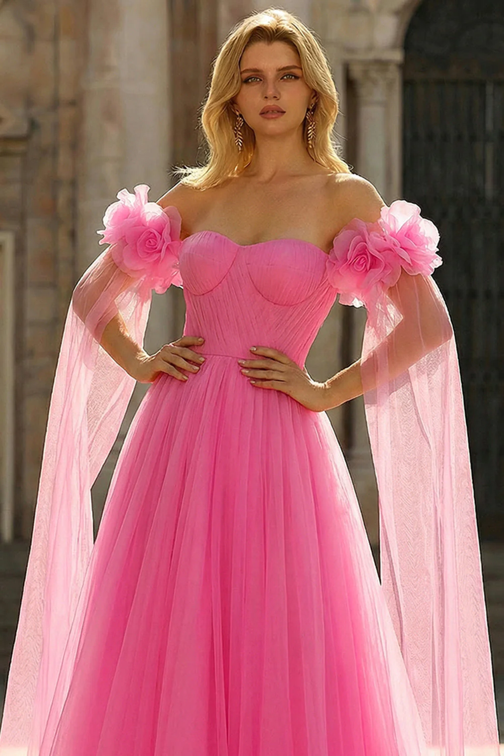Robe longue de bal en tulle plissé à plis à l’épaule décalée rose vif avec serpentin - Image 3