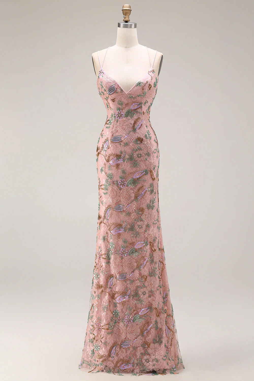 Robe longue de bal florale à bretelles fines à fausses à fausses perles avec paillettes