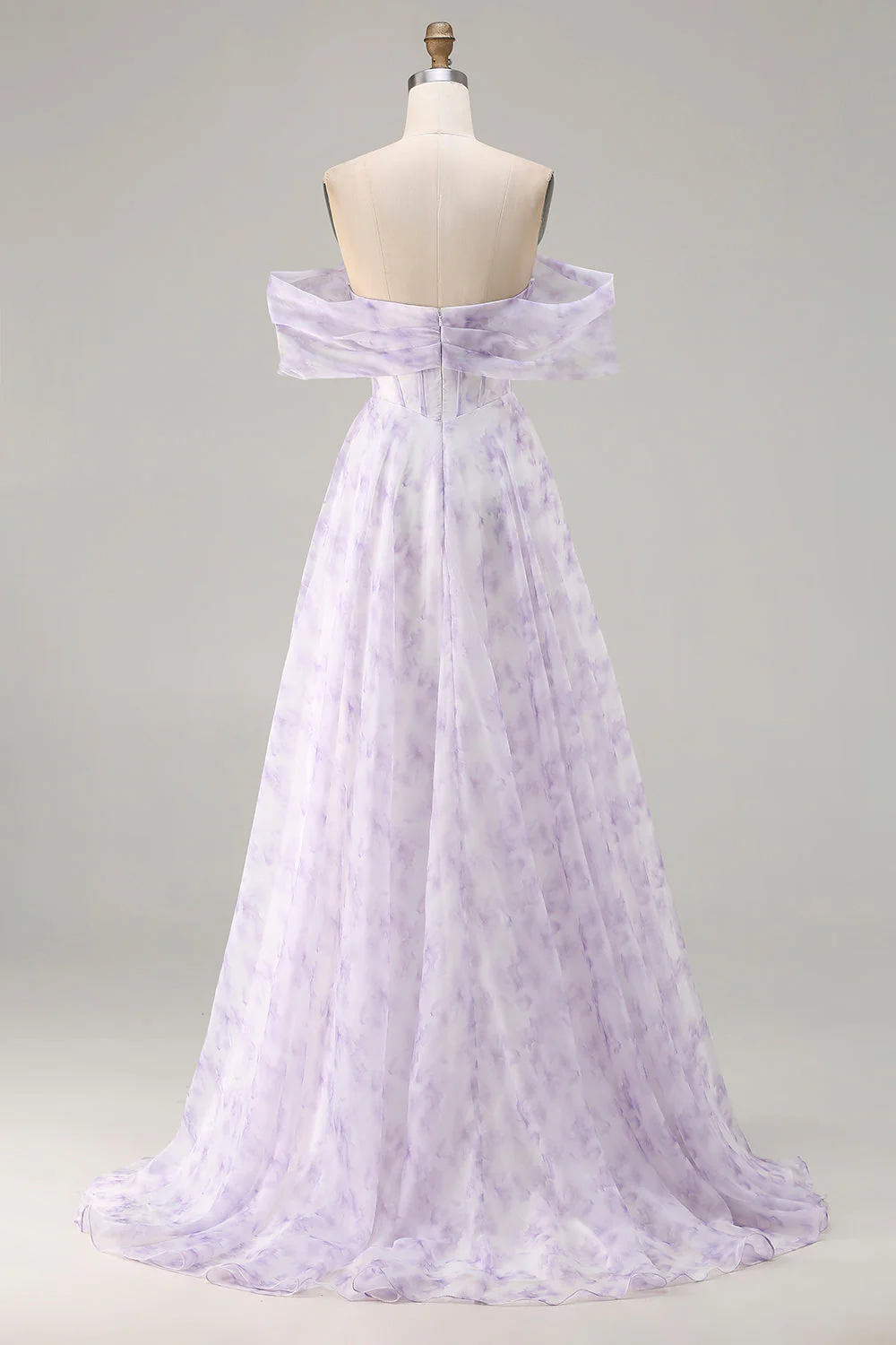 Robe longue de bal florale à motif corset dénudé, lilas à épaules, fendue - Image 2