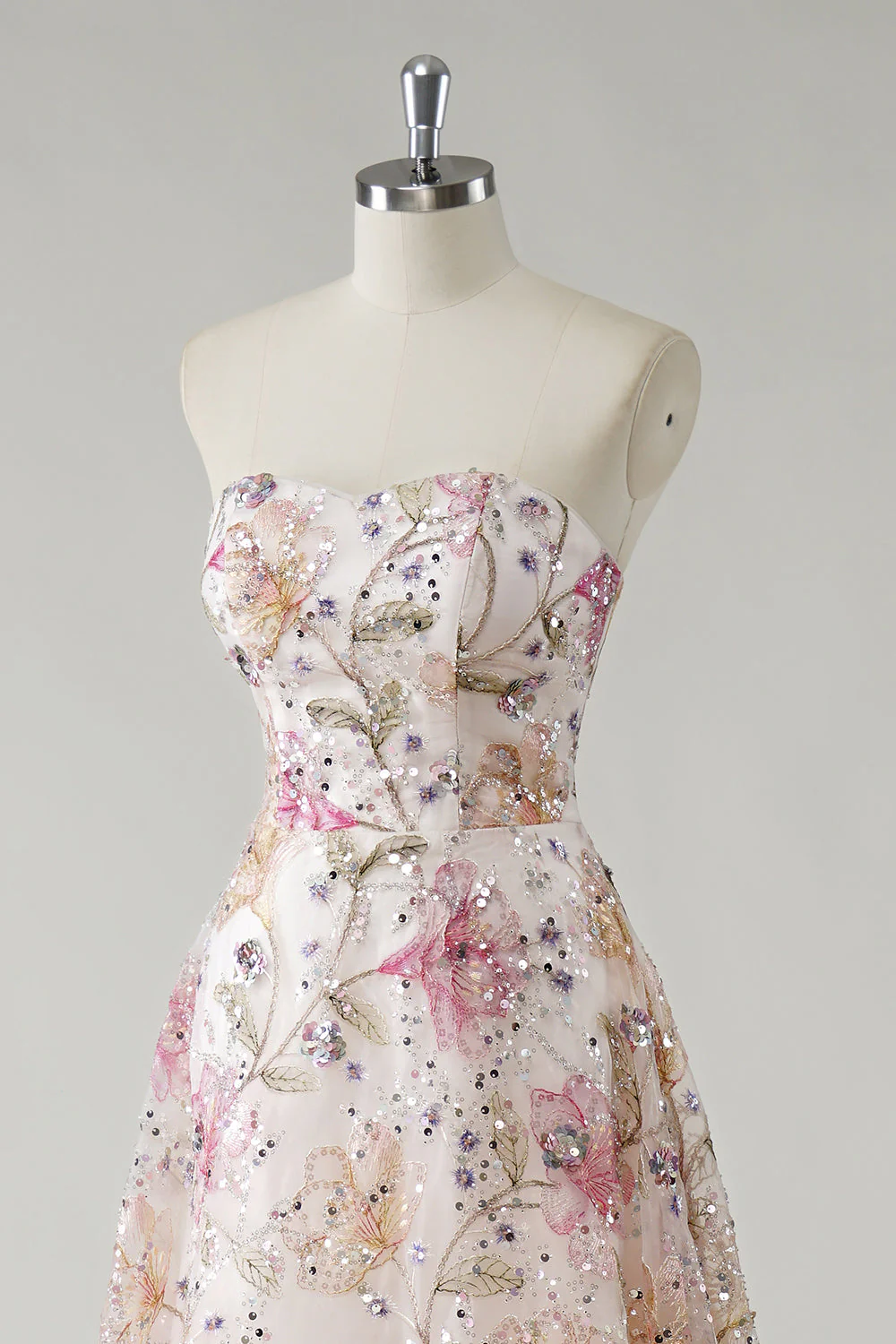 Robe de soirée rose scintillante ligne A à sequins floraux - Image 7