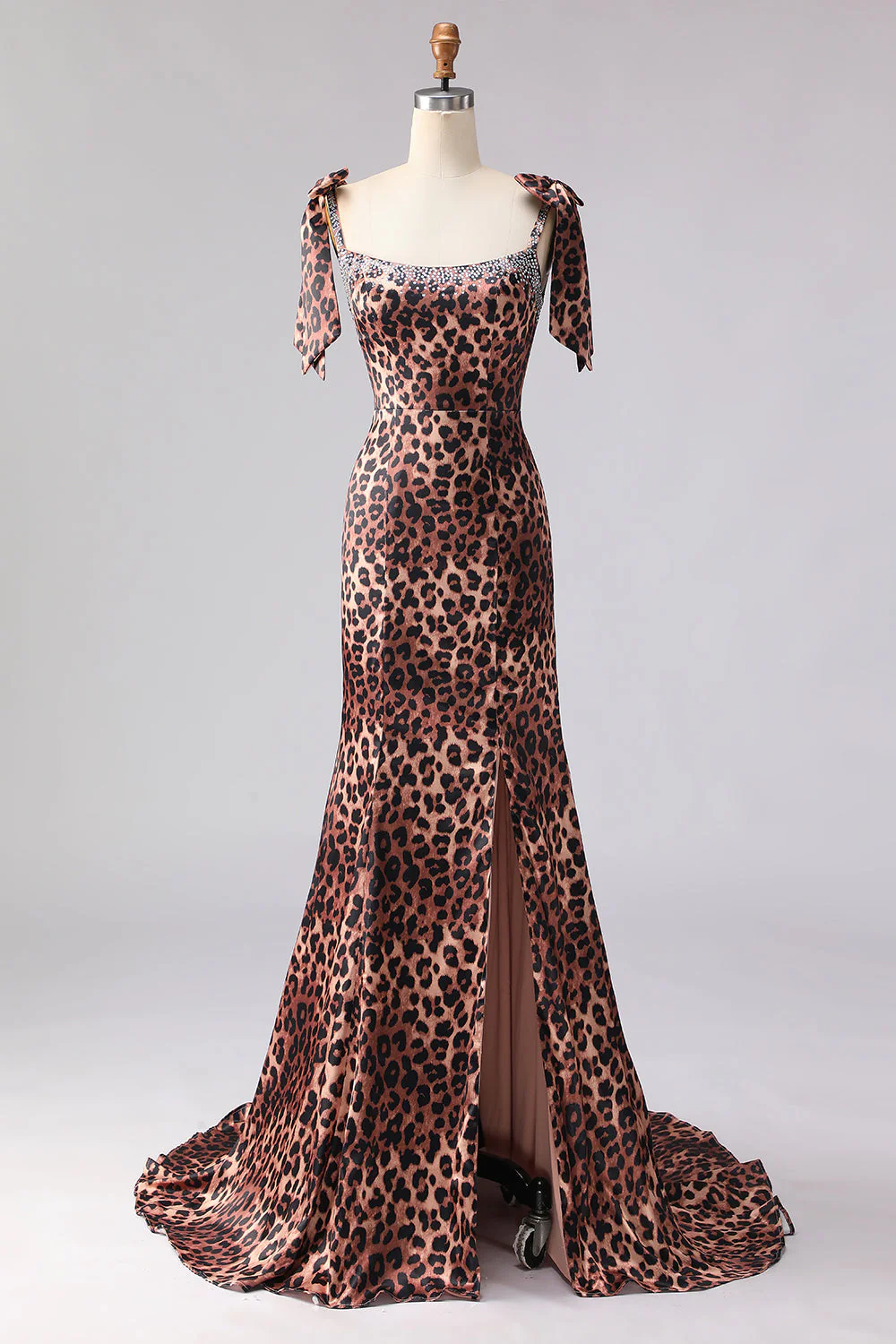 Robe longue de bal imprimée à rafale de sirène léopard brune avec bretelles