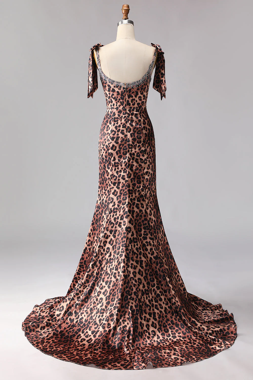 Robe longue de bal imprimée à rafale de sirène léopard brune avec bretelles - Image 2