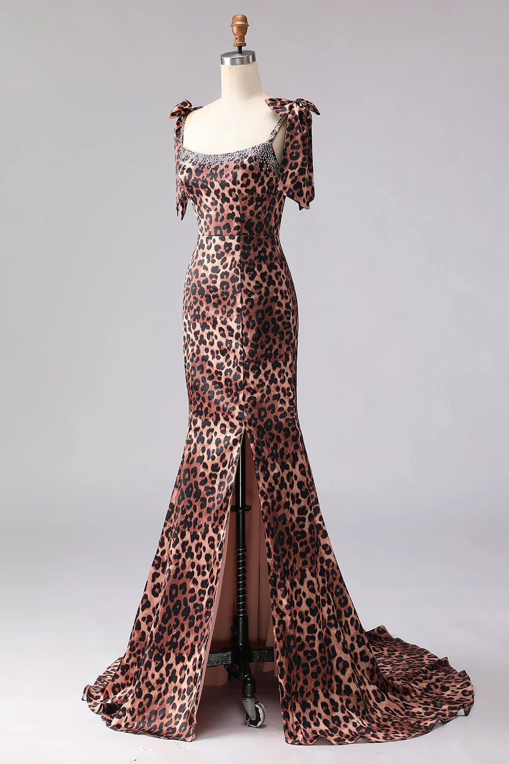 Robe longue de bal imprimée à rafale de sirène léopard brune avec bretelles - Image 3