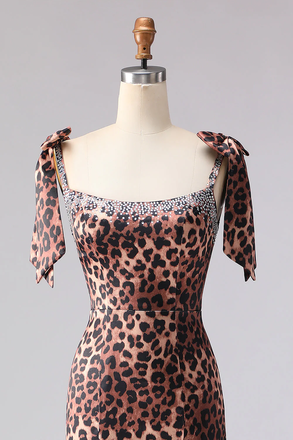 Robe longue de bal imprimée à rafale de sirène léopard brune avec bretelles - Image 4