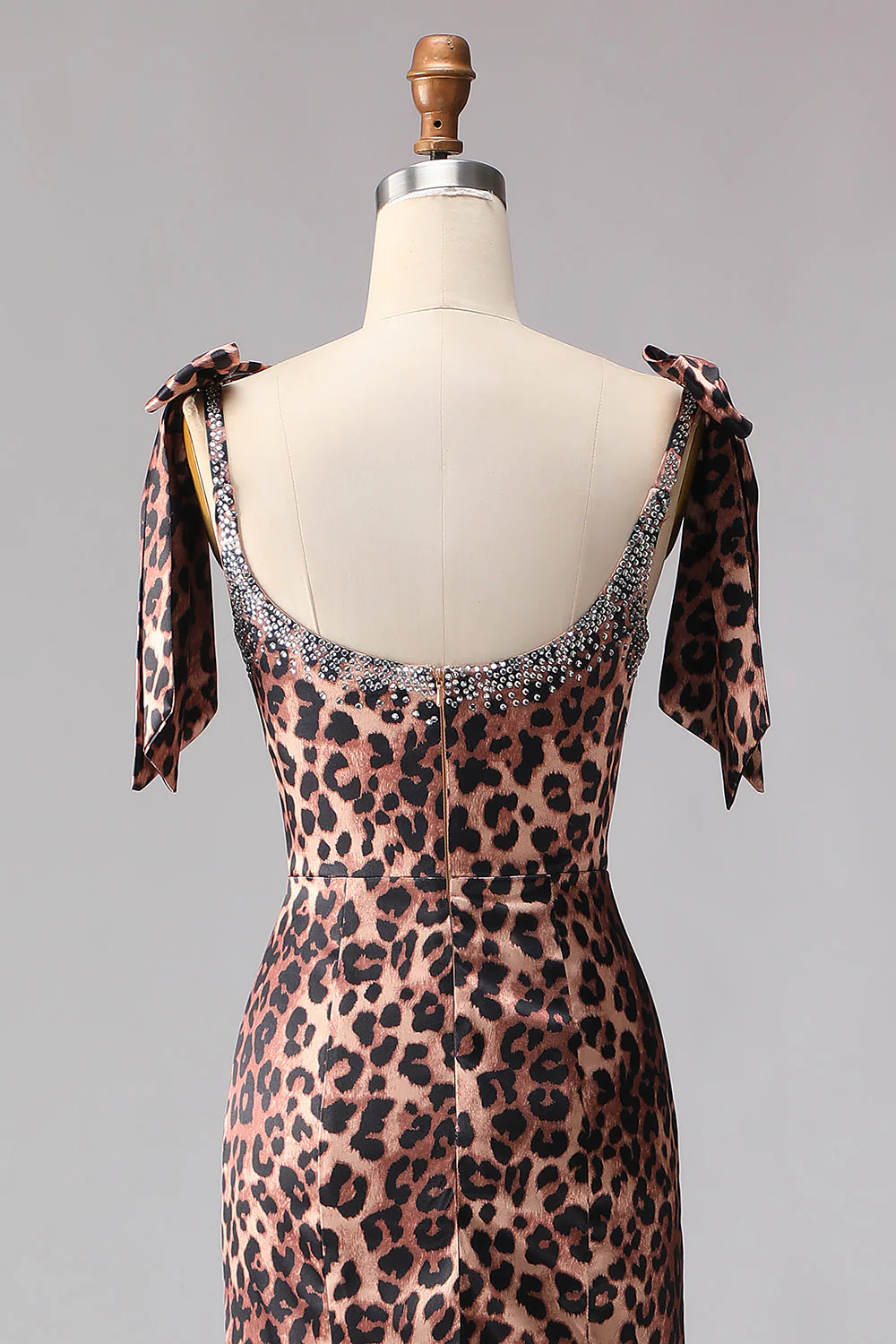 Robe longue de bal imprimée à rafale de sirène léopard brune avec bretelles - Image 5