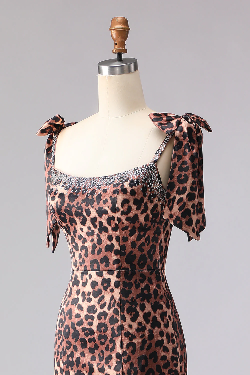 Robe longue de bal imprimée à rafale de sirène léopard brune avec bretelles - Image 6