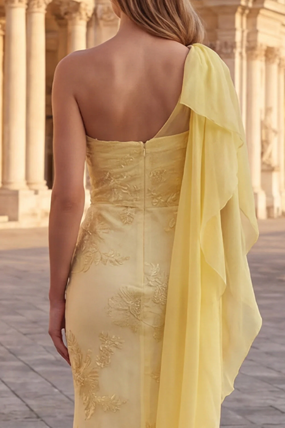 Robe longue de bal jaune à une épaule brodée de fleurs à une épaule avec une écharpe - Image 5